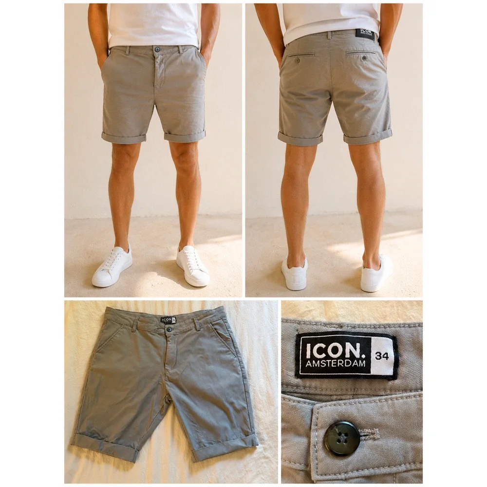 ICON Amsterdam Shorts Mens Size 34 Gray Chino Shorts Cuffed Stretch Preppy EUC
